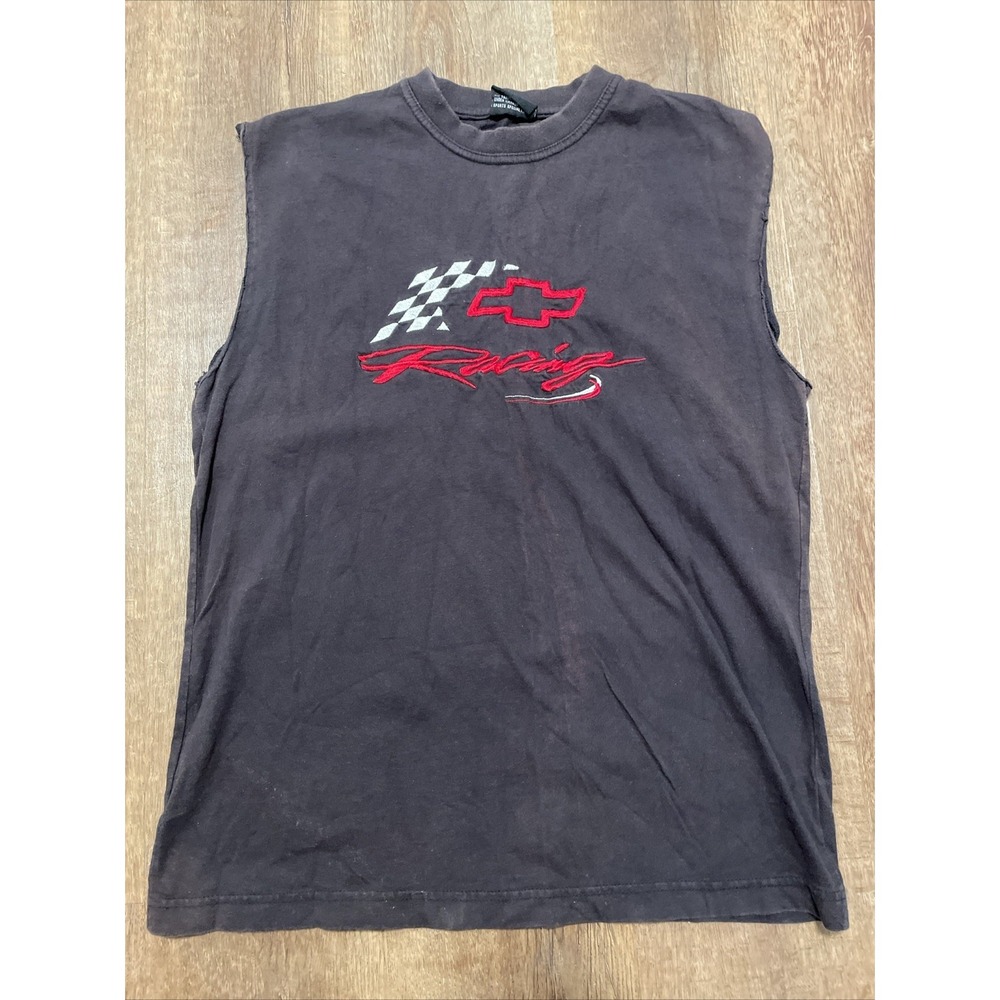 Vintage 90s Chevy Embroidered Cut Off T Shirt Chevrolet Logo Racing Flag Black L
